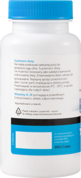 Tył białej butelki tranu islandzkiego 500 mg z niebieską nakrętką, informacjami o witaminach A i D.