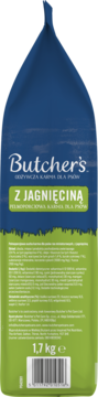 Tył opakowania karmy dla psów Butcher's Z Jagnięciną 1,7kg, widoczne składniki, dane producenta i kod.