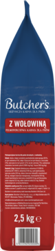 Tylna strona opakowania karmy dla psów Butcher's z wołowiną, 2,5 kg, w kolorach niebieskim i czerwonym, z kodem kreskowym.