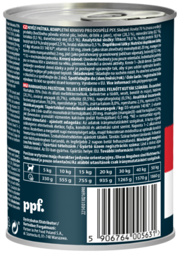 Tył puszki Naturality mielonka monoproteinowa dla psa wołowina 400g, widoczne etykiety z listą składników i kodem kreskowym.