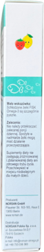 Bok opakowania NORSAN Omega-3 FISK Jelly, białe z kreskówkową truskawką, cytryną i polskim tekstem o produkcie.