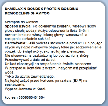 Tył opakowania szamponu Dr.MELAXIN BONDEX PROTEIN BONDING REMODELING SHAMPOO z instrukcją użycia w języku polskim.