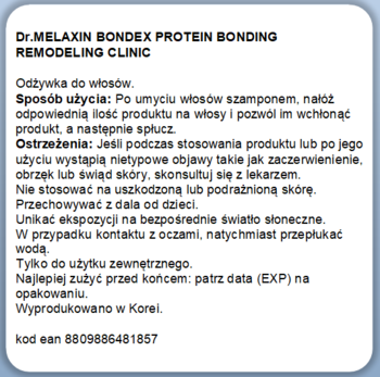 Etykieta odżywki Dr.MELAXIN BONDEX Protein Bonding z polskim opisem użycia, ostrzeżeniami i kodem EAN.