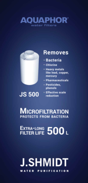 Biały, cylindryczny wkład filtra AQUAPHOR J.Shmidt JS 500, usuwa bakterie i metale. Żywotność 500 L.