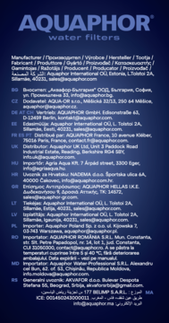 Tył opakowania filtra Aquaphor z białą listą międzynarodowych dystrybutorów i producentów na granatowym tle.