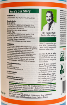 Tył butelki TheBreathCo miętowy płyn do płukania jamy ustnej, z opisem, listą składników i wizerunkiem Dr. Katza.