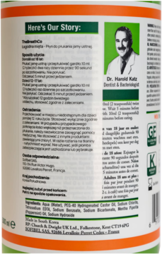 Tył butelki Breath Co miętowego płynu do płukania jamy ustnej, z etykietą i zdjęciem Dr. Katza. Skład bezalkoholowy.