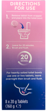 Tył różowo-fioletowego opakowania tabletek do WC z instrukcją użycia i ilością 8x20g, pokazuje wrzucenie tabletki.