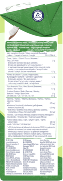 Tył zielono-białego kartonu napoju z logiem, etykietą wartości odżywczych i składników w wielu językach.
