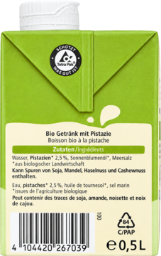 Tył zielonego opakowania bio napoju pistacjowego 0,5L z białą zakrętką, widoczna lista składników i informacja o alergenach.