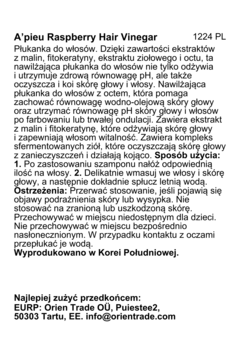 Tylna etykieta A'pieu Raspberry Hair Vinegar, instrukcja użycia, ostrzeżenia i dane producenta w PL.