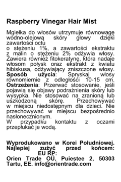 Biała etykieta z czarnym tekstem opisująca mgiełkę A'pieu Raspberry Vinegar Hair Mist, jej skład i użycie.