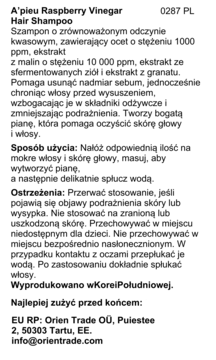 Tył opakowania szamponu A'pieu Raspberry Vinegar z polską instrukcją użycia i ostrzeżeniami na białej etykiecie.