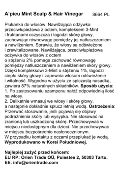 Biała, prostokątna etykieta A'pieu Mint Scalp & Hair Vinegar z czarnym tekstem informacyjnym.