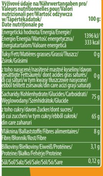 Tabela wartości odżywczych suszonego ananasa: zielono-biała etykieta z danymi na 100g, bez dodatku cukru.