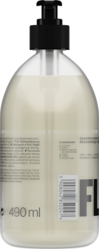 Tył przezroczystej butelki szamponu regenerującego FL-series 490 ml z czarną pompką, widoczne etykiety i kod.