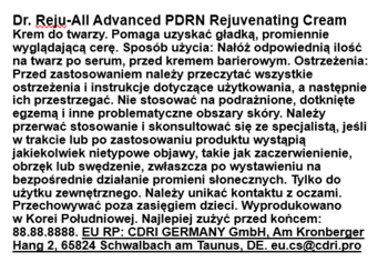 Etykieta Dr. Reju-All Advanced PDRN Rejuvenating Cream z instrukcją użycia i ostrzeżeniami, czarny tekst.