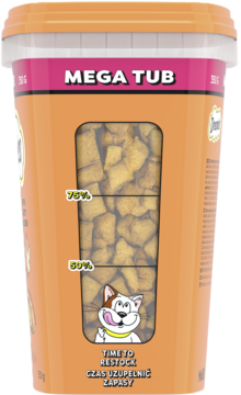 DREAMIES MEGA TUB, pomarańczowy tubus przysmaków dla kota o smaku kaczki. Przezroczyste okienko pokazuje chrupiące kąski.