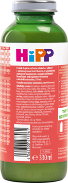 Tył zielonej butelki HiPP, napój bez laktozy dla dorosłych, biała etykieta z czerwonym tłem i opisem, 330ml.