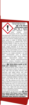 Czerwona etykieta Air Wick ze znakiem ostrzegawczym (wykrzyknik), polski tekst z instrukcjami i składnikami.