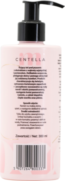 Tył różowej butelki kojącego żelu pod prysznic Moee Calm Centella 300ml, z czarną pompką, etykietą i kodem.