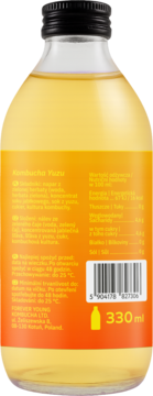 Tył butelki FOREVER YOUNG KOMBUCHA Yuzu 330 ml. Etykieta z polskimi informacjami o składzie i wartościach odżywczych.