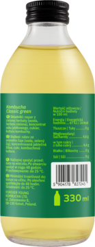 Tył butelki Kombucha Classic green, zielona etykieta ze składnikami i wartościami odżywczymi napoju herbacianego.