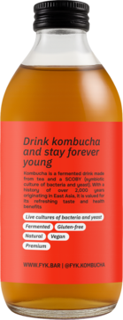 Tył butelki kombuchy Forever Young. Czerwona etykieta z tekstem o wegańskim, bezglutenowym napoju z kulturami.