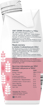 Tył kartonika napoju owsianego truskawkowego 250ml, biały z różowym wzorem i nakrętką, widoczne składniki.