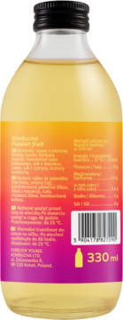 Tył butelki Forever Young Kombucha Passion fruit. Etykieta z listą składników, wartościami odżywczymi i pojemnością 330 ml.