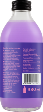 Tył butelki Kombuchy Lavender FOREVER YOUNG, fioletowy napój z etykietą ze składem i wartościami odżywczymi.