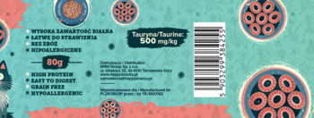 Tył turkusowego opakowania karmy Łapsie Tuńczyk, kod kreskowy, „Tauryna 500 mg/kg” i „80g”.