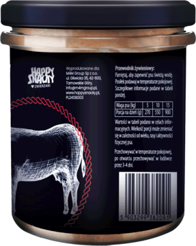 Tył czarnego słoika karmy Trzypsy Superfood dla psa. Białe napisy, kod kreskowy i grafika byka.