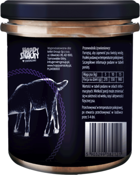 Tył słoika karmy Trzypsy Superfood dla psa. Na ciemnej etykiecie widoczne logo Happy Snacky i kod EAN.