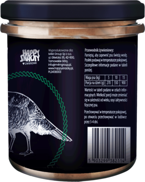 Tył czarnego słoika karmy Happy Snacks Trzypsy Superfood dla psa. Widoczna tabela żywieniowa, kod kreskowy i ptak.