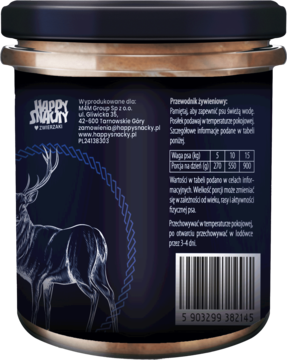 Tył słoika Trzypsy Superfood mokra karma dla psa. Ciemna etykieta z ilustracją jelenia i tabelą danych.