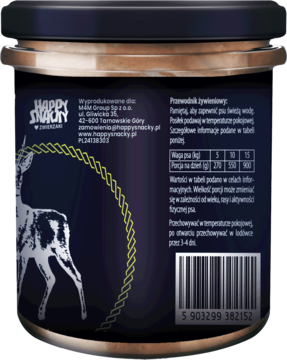 Tył słoika Trzypsy Superfood, pełnoporcjowej karmy dla psa. Ciemna etykieta, biały jeleń i tabela składników.