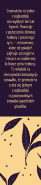 Genmaicha Classic herbata: tekst o jej smaku, liście herbaty i ziarna ryżu na beżowym tle.