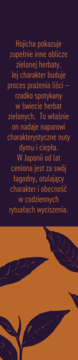 Pionowy banner: tekst o Hojicha, prażonej, łagodnej herbacie, na fioletowym tle, z grafiką liści herbaty.