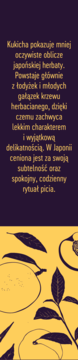 Kukicha Mango Peach tea: tekst o kukicha na ciemnym tle, dół to grafika brzoskwiń i liści.