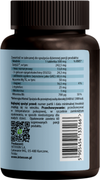 Tył ciemnej butelki Intenson Better Sleep 1 mg Melatoniny. Na niebieskiej etykiecie tabela składu i kod QR.
