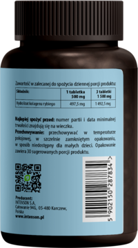 Tył butelki Intenson Kolagen morski 90 tabletek z jasnoniebieską etykietą, widoczny skład i kod kreskowy.