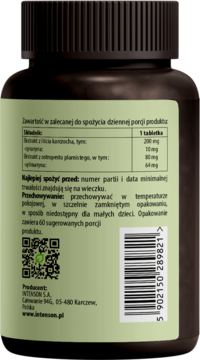 Tył zielonej butelki Intenson Ostropest & Karczoch. Etykieta ze składem suplementu wspierającego trawienie.