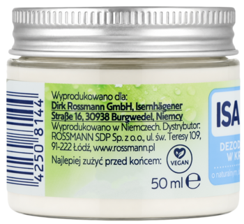 Tył opakowania dezodorantu Isana w białym słoiczku 50ml, z zieloną etykietą, polskim opisem i logo VEGAN.