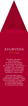 Czerwona ulotka lub opakowanie Ayurveda skin yoga z białym napisem i polskim tekstem filozofii pielęgnacji.