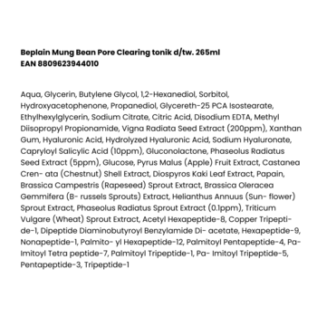Lista składników toniku Beplain Mung Bean Pore Clearing LHA Toner, czarny tekst na białym tle.