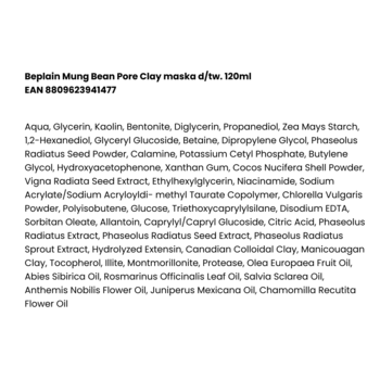 Beplain Mung Bean Pore Clay Mask, widok na pełną listę składników produktu na białym tle.