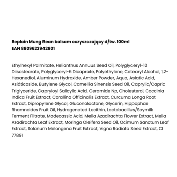 Składniki balsamu oczyszczającego Beplain Mung Bean 100ml oraz informacje o produkcie na białym tle.