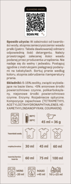 Tył opakowania proszku do prania Juicy & Elegant z instrukcjami użycia, dawkowaniem i składnikami.