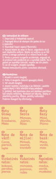 Product label, pink/yellow, with use instructions and fragrance notes: coconut, mimosa, vanilla, in Polish and Romanian.